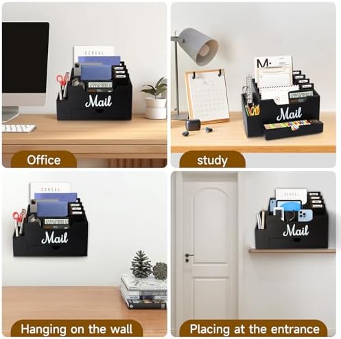 Wood Mail Organizer Countertop, with 6 Compartments and Drawer - Image 7