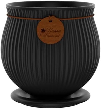4.4 Inch Black Ceramic Planter with Drainage Hole and Saucer by XiHuaer