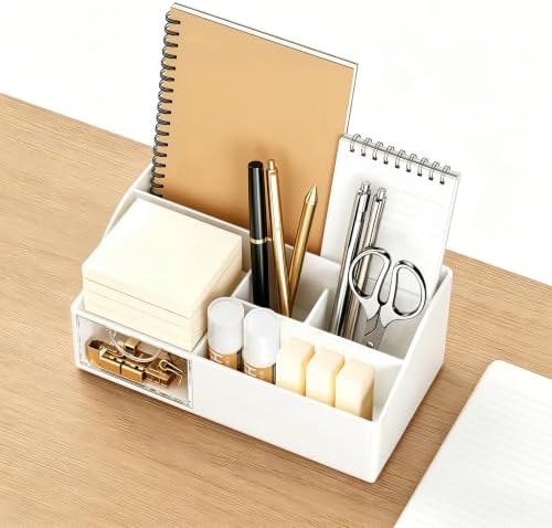HBlife Acrylic Desk Organizer with Drawer, Pen & Pencil Holder, Multifunctional Desktop Caddy for Office Supply and Organization (White) - Image 5