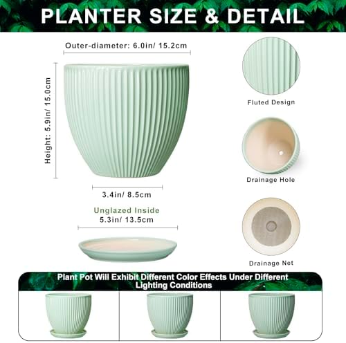Ceramic Pots for Indoor Plants, 6 Inch Plant Pot with Drainage Hole and Saucer, Round Modern Planters, Decorative Pots for Plants, Home Living Room Decor, Gifts for Plant Lovers, Mint Green - Image 2