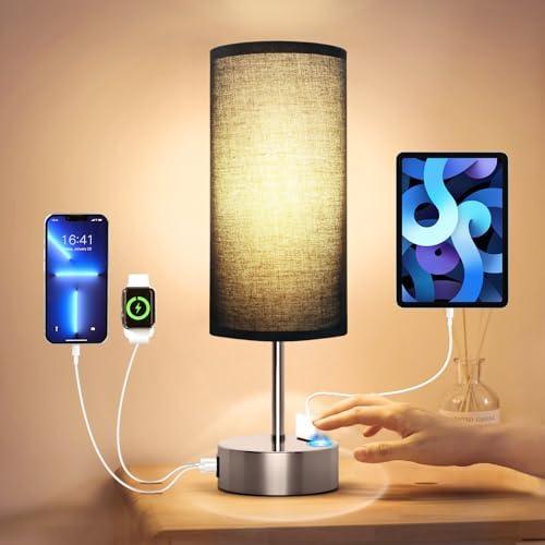 KPQ Bedside Lamp Touch Control Table Lamp with USB A+C Charging Ports & AC Outlet 3-Way Dimmable Nightstand Lamp with Linen Fabric Shade (Black Shade-Silver Base, 14" Small Size Touch Control) by KPQ