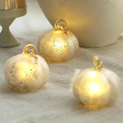 Light Up Glass Pumpkins (Set of 3) - Silver Frosted Crackle LED Pumpkin Decor with Warm White Lights, Battery Operated Fall Centerpiece for Table, Halloween, Thanksgiving & Christmas Decorations by SUNSETHOME