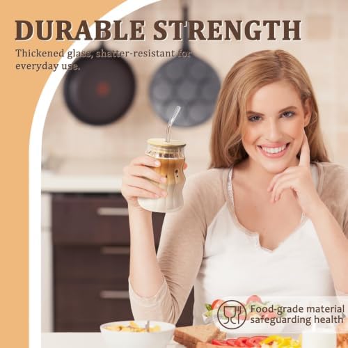 4 Packs Cute Glass Tumbler with Lid and Straw 16 oz Vintage Ice Coffee Cup Set Bulk Simple Modern for Smoothie Juice Matcha Tea Water Slushie Clear Hot Drink Glasses Travel Mug Kitchen Glassware - Image 3