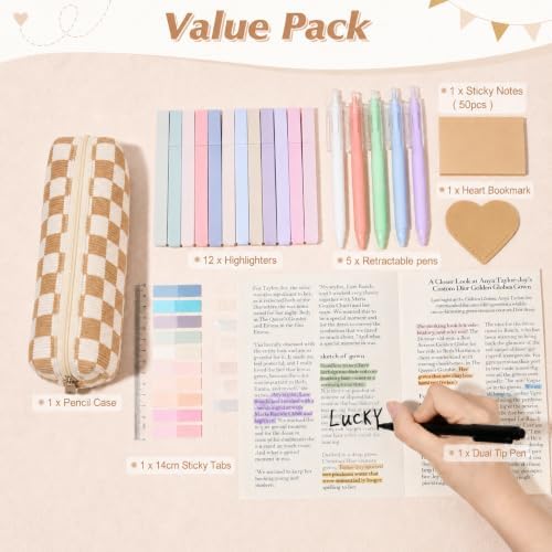 22Pcs Book Annotation Kit Aesthetic Pencil Case with Supplies School Annotation Supplies Gel Pen Transparent Sticky Note Taking Bible Study College Stationery Supplie (Beige Checkered) - Image 2
