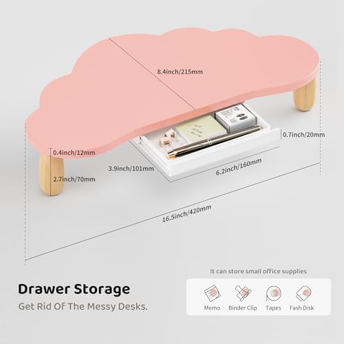 AFOOYO Monitor Stand Riser,Cloud-Shaped Sturdy Wood 16.5In Computer Monitor Riser Wirh Drawer, Multi-Purpose Desktop Organizer Riser for Computer,Laptop,Printer,TV,Pink - Image 6