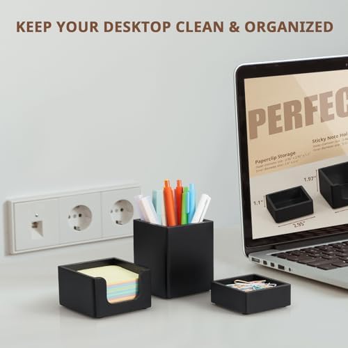 Black Desk Organizer Set of 3 - Wood Office Desk Accessories - Desk Organizers and Accessories for Women Men - Set incl. Pencil Pen Holder, Paperclip Storage and Sticky Note Holder - Image 3