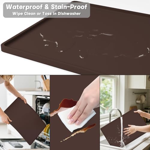 Rnivvi Silicone Coffee Mat, 16" x 24" Waterproof Raised Edge Coffee Bar Mats for Espresso Machine Station Accessories, Heat Resistant Detachable Dish Drying Pad for Kitchen Counter, Dish Rack, Brown - Image 6