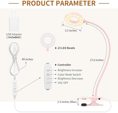 iZELL LED Desk Lamp with Clamp, Reading Light with 3 Color Modes & 10 Brightness Levels, Flexible Arm Book Light for Kids Reading in Bed at Night, Clip on Table, Computer, Zoom Meetings - 27.6'' Pink - Image 6
