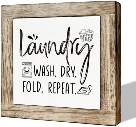 Laundry Room Decor, Laundry Steps Sign, Wash Dry Fold Repeat Sign, Wooden Box Signs for Home Decor, Farmhouse Wood Plaque Sign, Laundry Room Shelf Decoration, Country Style Wood Block Laundry Sign by MLTEye