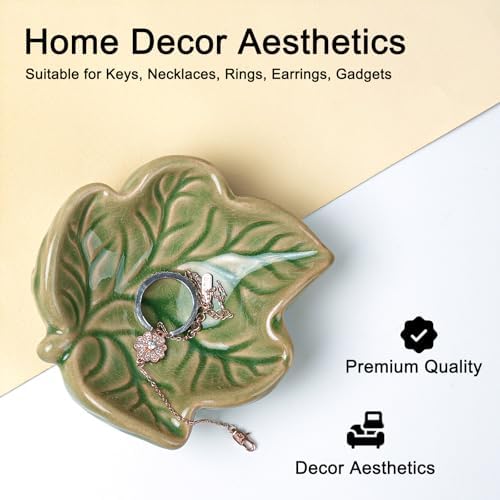 3.5' Green Cute Leave Ceramic Jewelry Tray for Dressing Table - Image 4