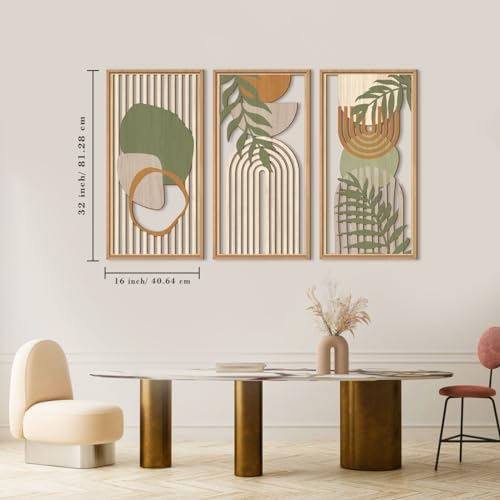 IARTTOP Large Boho Mid-Century Modern Wood Wall Art 16x32 Inch Framed Green Abstract Leaf Wooden Wall Decor Bohemian Minimalist Geometric Wall Art Decor for Bedroom Living Room Office Set of 3 - Image 5