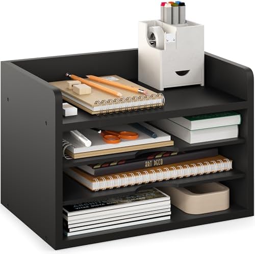 Ballucci File Organizer, 4-Tier Office Desk Organizer, Open Top Wood Paper Organizer for Classroom, Desktop Mail Sorter Paper Tray, Black by Ballucci