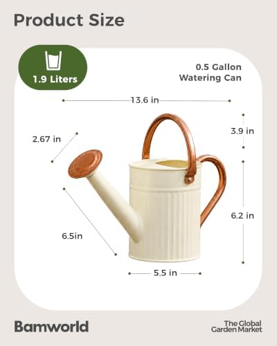 Bamworld Metal Watering Can for Indoor Outdoor Plant 1/2 Gallon Creamy - Image 3