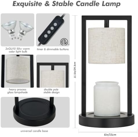 Candle Warmer Lamp with Timer, Black Candle Lamps Linen Fabric Shade, 3-Level Dimmable Candle Warming Wax Melt Warmer for Scented Wax, 50W Electric Warmer Lamp for Women Home Decor (2 Bulbs Included) - Image 2