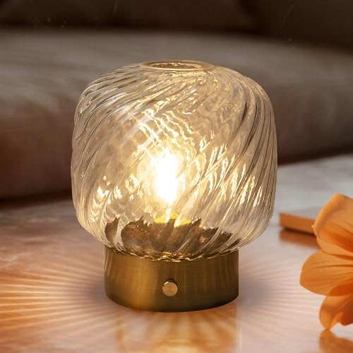 LUSHARBOR Battery Operated Table Lamp with Timer, Stepless Dimming Small Bedside Lamp Battery Powered Cordless Lamp for Home Decor Entryway/Living Room/Coffee Table/Shelf Transparent by LUSHARBOR