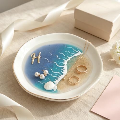 Multi-Purpose Small Resin Tray, Ocean Beach Ceramic Ring Dish, Jewelry Earring Holder & Key Bowl for Entryway, Vanity, Office Desk Decorative Trinket Plate (H) by Unknown