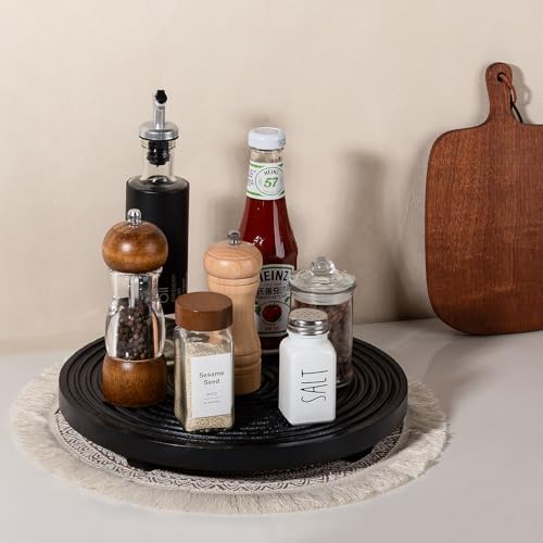 Round Decorative Tray Farmhouse Bathroom Decor Wood Riser, 12" Black - Image 2