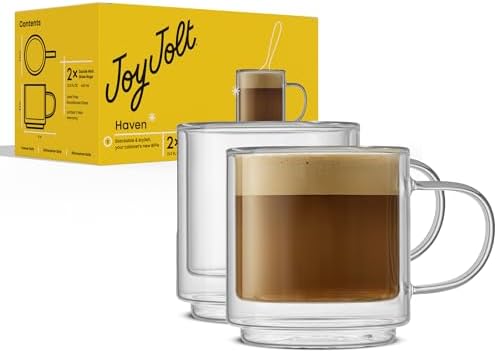 JoyJolt Haven Stackable Double Wall Glass Mugs, Set of 2 (13.5oz) Insulated Coffee Cups, Double Wall Glass Coffee Cups, Tea Cups, Latte Cups, Cappuccino Cups, Clear mugs set of 2 by JoyJolt