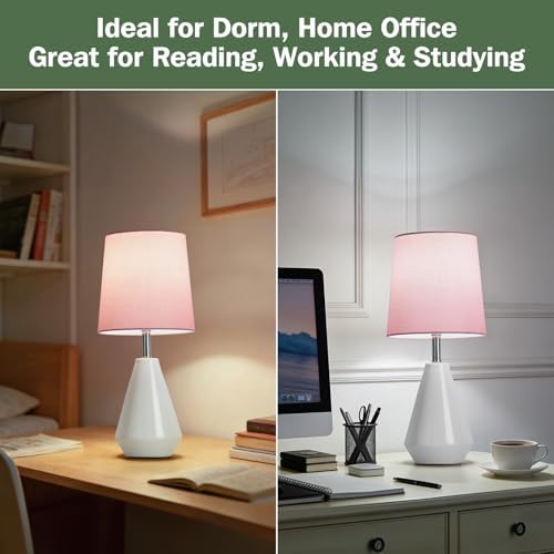 Small Bedside Table Lamp for Bedroom - Reading Desk Lamp with 3 Color Temperatures，15.5" Nightstand Ceramic Lamp with Fabric Shade for Kids Room,Living Room,Dorm,Home Office (White+Pink - Image 4
