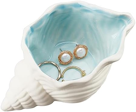 NBEADS Conch Shape Ceramic Jewelry Tray, Aqua Shell Trinket Dish Ceramic Ring Earring Holder Ocean-themed Decorative Trinket Plate for Rings Earrings Necklaces Bracelet Jewelry Watch Keys by NBEADS