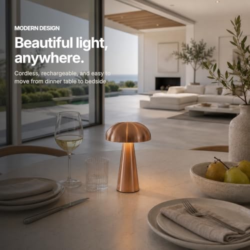 Lucerne Cordless Small 8.2 Inch Designer Table Lamp, Rechargeable Bedside Lamp, Touch Control 3 Brightness Levels, Warm White, Portable Mushroom Lamp for Dining and Shelf, Copper - Image 2