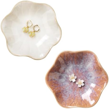 2PCS Lotus Leaf Shape Ring Holder Dish, Small Key Bowl, Ceramic Trinket Tray Jewelry Dish Organizing Necklace Earrings for Mom Friend Sister, All Jewelries Are NOT Included. White+Purple. by JAMEND+CLXP