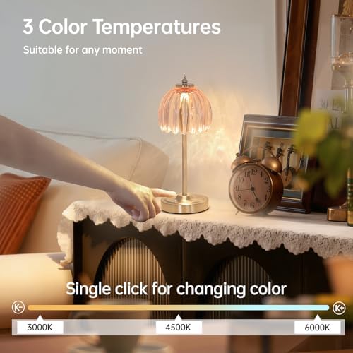 Shenmoyl Tulip Table Lamp with 5200mAh Battery & Touch Control, Cordless Small Table Lamp with 3 Colors, Dimmable Rechargeable Table Lamps for Living Room, Bedroom, Desk, Bedside (Clear Pink Tulip) - Image 4