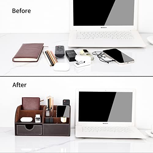 KINGFOM Pu Leather Desk Organizer Pen Pencil Holder Office Supplies Caddy Storage Box 6 Compartments with Drawer Brown - Image 7