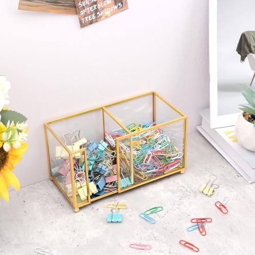 Glass Sticky Note Holder,2 Slots Post It Note Dispenser,Gold Desk Organizer for 3 x 3 Sticky Notes/Paper Clips/Book Clips,Stylish Post it Holder for Home Office Desk - Image 4