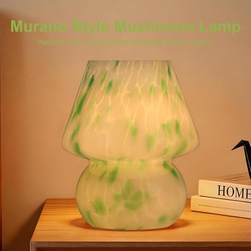 Mushroom Lamp with LED Bulb, Small Glass Bedside Lamp, Green&White - Image 6