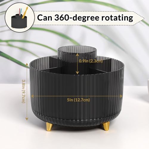 SKYDUE Rotating Pencil Pen Holder, Pen Organizer with 5 Slots - Aesthetic Desk Organizer and Accessories for School, Home, Office Supplies, Clear Black - Image 2