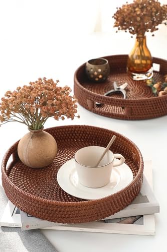 HITOMEN 11.8" Hand-Woven Round Rattan Serving Tray Decorative Wicker Trays with Handles for Coffee Table (Brown-M) - Image 2