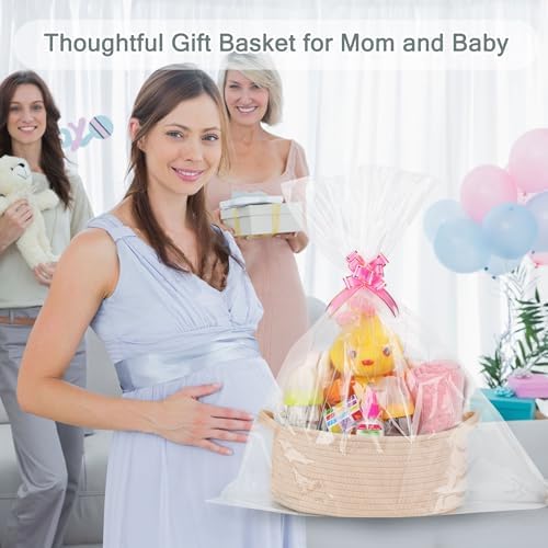 COMSE Small Woven Basket with Gift Bags and Ribbons, Gift Basket Empty, Cotton Rope Storage Organizer, Baby Toy Box with Handles, 12" x 8" x 5", Beige - Image 3