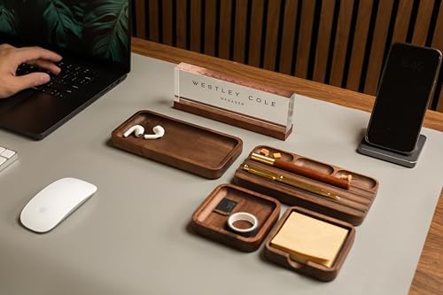 MUUJEE Wooden Desk Organization 5 Piece Set with Name Block - Personalized Acrylic Name Plaque with Wood Base and Desk Accessories Work Professional Office Gift Teacher Dad Organizer - Image 6