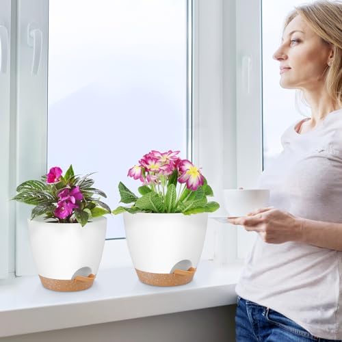 QRRICA Plant Pots 8/7/6.5/6/5.5/5 Inch Self Watering Pots, Set of 6 Plastic Planters with Drainage Holes and Saucers,Plastic Flower Pots,Nursery Planting Pot for Indoor Out Door Plants（White） - Image 6