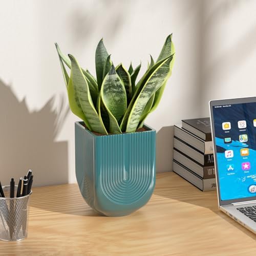 Ceramic Planter, 6 Inch Square Plant Pot with Drainage, Green - Image 2