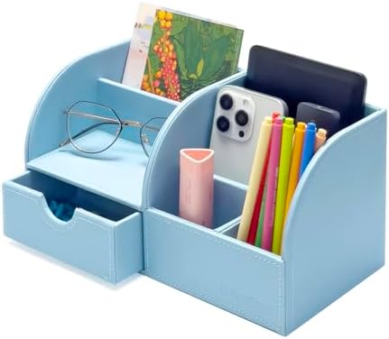 UnionBasic Desk Organizer - Multifunctional Leather Desktop Pen Holder Storage Box - Business Card/Pen/Pencil/Mobile Phone/Stationery Holder, Blue by UnionBasic