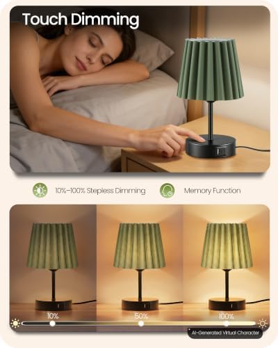 Small Bedside Table Lamp, Touch Dimmable Table Lamp with USB Ports, Nightstand Lamp with a Stepless Dimming LED Bulb, E26 Base, for Bedroom, Study, Desk, Black and Green J16TL05 - Image 2