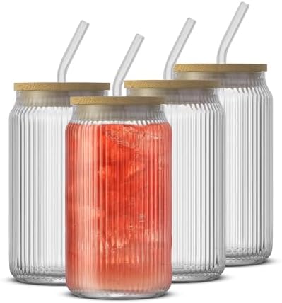 JoyJolt Fluted Glass Tumblers with Bamboo Lids and Glass Straws, Ribbed Can Shaped Drinking Glasses Set of 4, 16oz Cup with Lids and Straws, Iced Coffee Cups, Cocktail/Beer Glasses, Tea Cups by JoyJolt