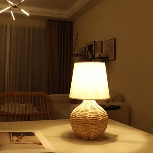 Rattan Small Table Lamp, Boho Farmhouse Style, Cotton Linen Lamp Shade, 6.2×6.2×11.8 Inch, with E12 LED Warm Light Bulb - Image 4