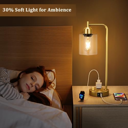 Innqoo Gold Table Lamp for Bedroom - Industrial Bedside Lamp with USB Port and Outlet, Fully Dimmable Nightstand Lamp with Clear Glass Shade, Small Desk Lamps for Home Office - Image 6