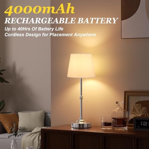 Kakanuo Rechargeable Cordless Table Lamp Silver - 2 Pack 4000mAh Battery Operated Lamp, 3000K Warm Light, Touch Control Stepless Dimming, for Bedside, Dining Table, Home Decor - Image 5