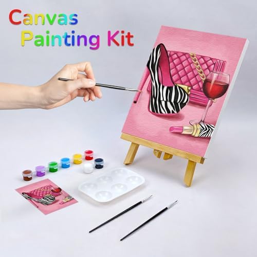Pre Drawn Canvas Painting Kit for Adults for Painting Party Kit Paint and Sip Party Supplies 8 Colors,3 Brush,1 Pallet Art Set Girl High Heel Glass Bag Lipstick 12x16 Inches - Image 2