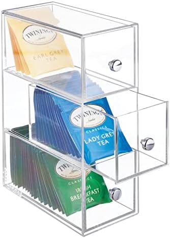 mDesign Plastic Kitchen Pantry Stackable Storage Organizer Container Station with 3 Drawers for Cabinet, Countertop, Holds Coffee, Tea, Sugar Packets, Creamers - Lumiere Collection - Clear by mDesign
