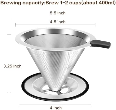 Pour Over Coffee Dripper, Stainless Steel Coffee Filter, Paperless Reusable Coffee Filter, Double Micromesh 600 Mesh Strainer Coffee Maker with Heat-Resistant Silicone Handle & Base (1-2 Cups) - Image 5