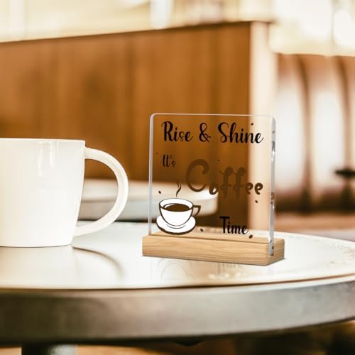 Coffee Bar Decor Sign, Coffees Nook Decoration, Cafe Station Accessories, Rise & Shine It's Coffee Time, Funny Acrylic Gift Wood Plaque with Stand Office Farmhouse Kitchen Decor 4"x4" - Image 4