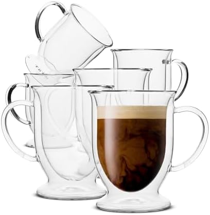BTaT- Double Walled Glass Coffee Mugs, 12 oz, Set of 6, Glass Coffee Cups with Handle, Insulated Clear Coffee Mug for Hot and Cold Beverages, Cappuccino, Latte, Tea, Americano, Microwave Safe by BrewToATea