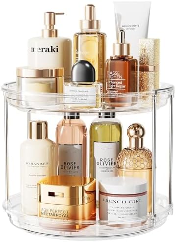 LAMU Rotating Makeup Organizer for Vanity, 10.6in 2 Tier Lazy Susan Turntable Stackable Spinning Skincare Organizer Cosmetic Perfume Tray Display for Bathroom Counterop, Large Capacity, Clear by YourHome-OrganizationHelper