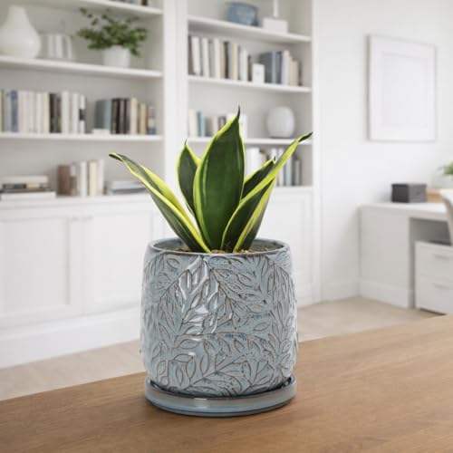 D'vine Dev Embossed Leaves Ceramic Planter, 5 in, Graphite Blue, 27-A-V-9 - Image 7