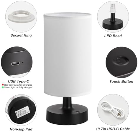 Kakanuo Cordless Table Lamp Rechargeable Small - 1 Pack White Black, 4000mAh Battery Operated Lamp with Touch Control Stepless Dimming, Wireless Lamp for Bedside, Nightstand, Bedroom, Living Room - Image 6